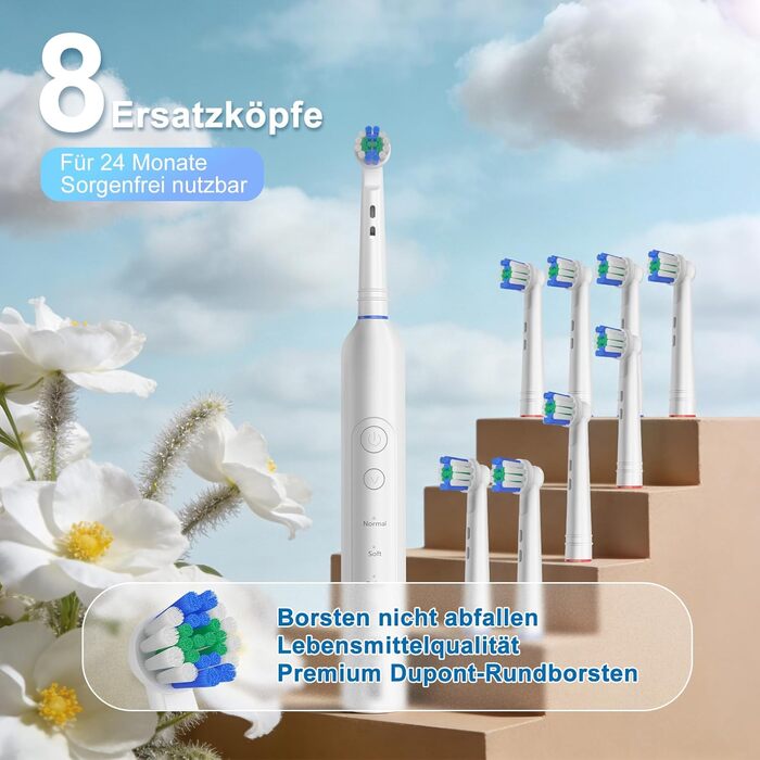 Електрична зубна щітка Rotierende для дорослих з 8 насадками, 3 режимами чищення, акумулятором на 50 днів та смарт-таймером 2 хв - Чорна