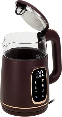 Електричний чайник Adler з регулюванням температури 2200W – 1,7L з LED-дисплеєм та сенсорною панеллю, 5 програм, функція підтримки тепла, фільтр, Бургунді, Золотий