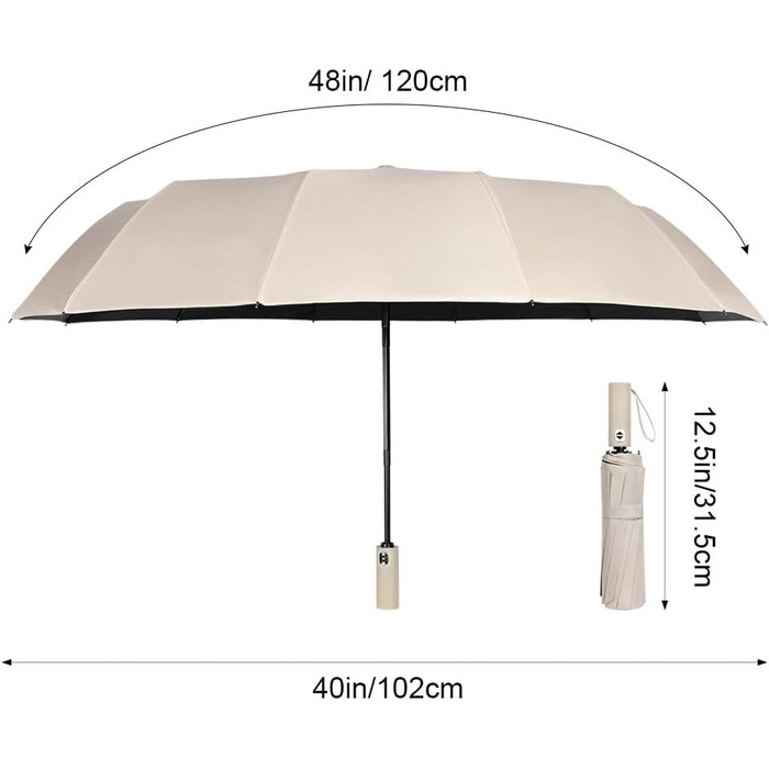Вітростійкий автоматичний парасолька для подорожей, 12 ребер, для чоловіків та жінок (Бежевий)