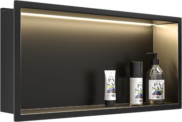Stainless Steel Corner Shower with LED Strip Lighting, 60 cm x 30 cm, Waterproof - No Tiles Required, Bathroom Storage, Niche, Matte Black