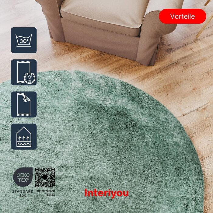 Килимок для вітальні Interiyou Fargo 80x150 см - короткий ворс, миючий, нековзний, штучне хутро, м'який ворс (зелений)