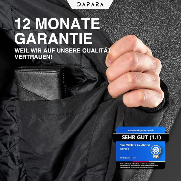 Чоловічий шкіряний гаманець DAPARA з відділенням для монет та RFID-захистом | Slim Wallet для чоловіків | Портмоне на 12 карт | Чорний міні-гаманець з відділенням для монет