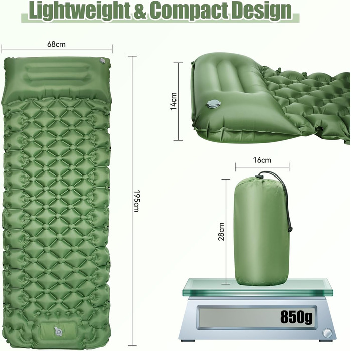 Isomatte самонадувна туристична, килимок для кемпінгу з помпою та подушкою, з'єднувана, водонепроникна, для відпочинку на природі