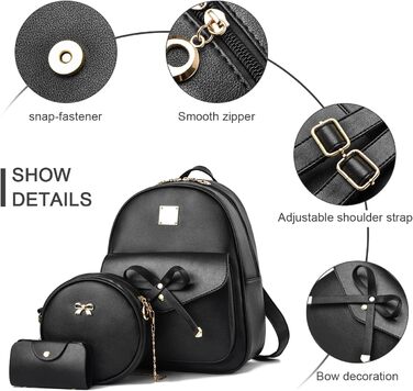 Жіночий рюкзак з PU шкіри: стильний, для подорожей, школи, роботи. Набір чорного кольору