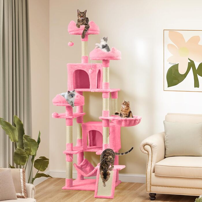 Кігтеточка YITAHOME XXL, 190 см, з 8 стовпів з сизалю, 3 платформи, 2 печери, кошик, гамак, іграшки, для котів, рожева