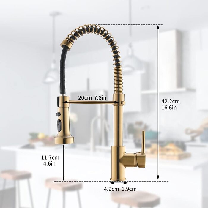 Змішувач для кухні з висувною лійкою, 360° обертання, щіткове золото, одноручний, для кухні