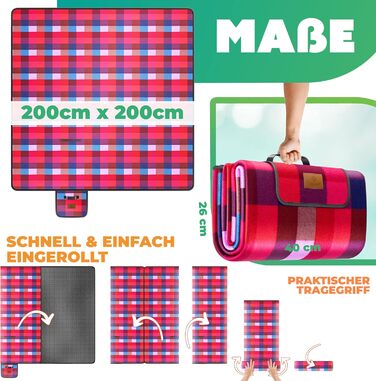 Плед для пікніка KESSER XXL 200x200 см, водонепроникний, з ручкою, червоно-бірюзовий. Плед для кемпінгу, пляжу на 4-6 осіб