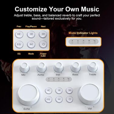 Портативна Bluetooth-колонка караоке з 2 бездротовими мікрофонами, RGB-підсвічуванням, регулюванням високих та низьких частот, ефектами голосу, AUX/USB/TF/OTG, 6,5 мм роз'єм, для вечірок (біла)