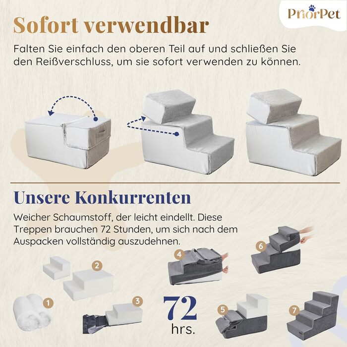 Сходинки для собак на ліжко та диван - 4 сходинки, 58 см заввишки - з пінопласту для маленьких собак - безпечні та стійкі - знімний, пральний чохол - світло-сірий
