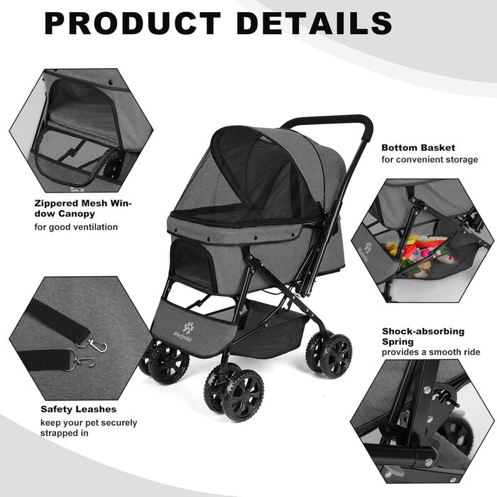 Візок для собак Wedyvko до 20 кг, 4 колеса, складний, для маленьких та середніх собак/кішок, з кошиком для зберігання та тримачем для напоїв (A-темно-сірий)