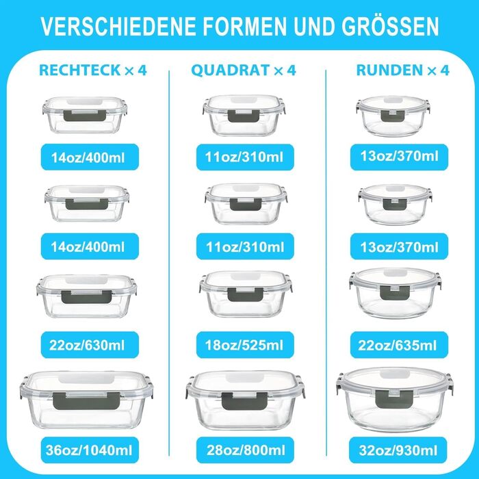 Набір скляних контейнерів для зберігання їжі Borosilikatglas 20 шт. (5x 1040ml + 5x 370ml) - для мікрохвильової печі, приготування їжі та духовки, з герметичним закриттям