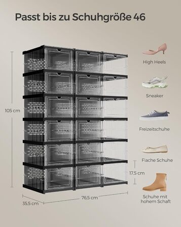SONGMICS Shoe Cabinet Set, with 18 Shoe Boxes, Integrated Shoe Organizer, Foldable, Portable, for Shoes up to Size 46, 1-Minute Assembly, Transparent-Cloud White LSP207W01 (Transparent + Ink Black, 3)