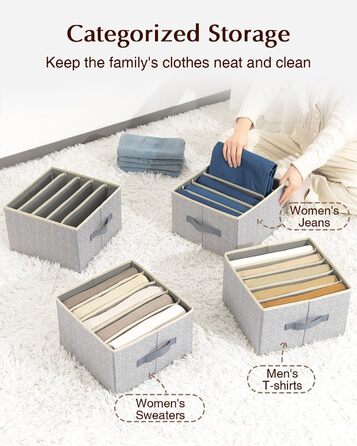 4 Piece Drawer Organizer, Jeans Closet Organizer, Foldable Storage Box with Compartments for Storing Clothes, Jeans, Shirts, Blankets, Underwear