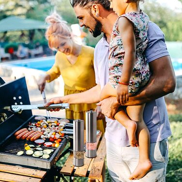 Електричні соляні та перечні мельниці 2 шт. з нержавіючої сталі, регулювання помелу, світлодіодне підсвічування (сріблясті)