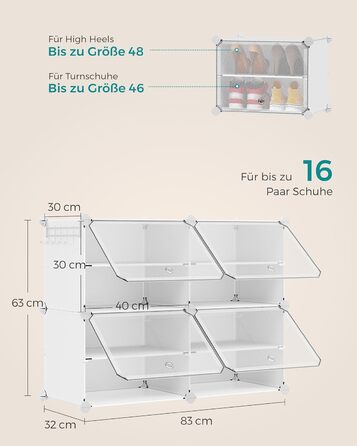 SONGMICS 10-Tier Shoe Rack, Shoe Cabinet, 30 x 40 x 30 cm per compartment, slim, with doors, steel frame, plastic, for hallway, bedroom, entryway, LPC035B01 (4 compartments (83B x 63H cm), White)