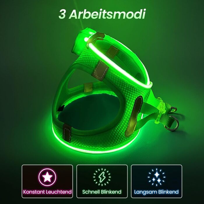 Світловідбиваючий нашийник для собак PcEoTllar з LED підсвічуванням, акумуляторний, для дрібних та середніх собак, дихаючий, рожевий (3 режими) (XS, зелений (3 режими))