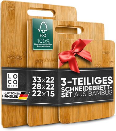 Loco Bird Cutting Board Set of 3 - 33x22cm / 28x22cm / 15x22cm - Wooden Cutting Board for the Kitchen - Knife-Friendly Wooden Cutting Board, Chopping Board, Kitchen Board, Kitchen Cutting Board Wood, Cutting Board