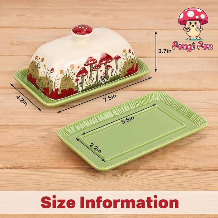 Fun Mushroom Butter Dish with Lid for Countertop - Ceramic, Red Mushroom Butter Container, Butter Tray, Large Butter Dish (White, Standard)
