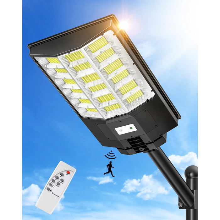 Вуличний сонячний LED світильник Sararoom 1000W з датчиком руху, 864LED, 6500K, IP65, з пультом, для саду, тераси, гаража, газону
