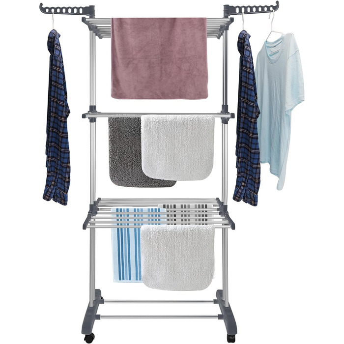 Bigzzia Clothes Rack Foldable 3 Tiers Stainless Steel Clothes Dryer Drying Rack with Two Side Wings Grey
