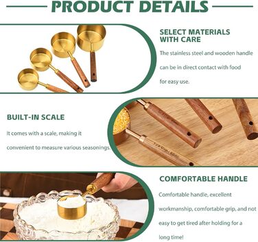 Набір мірних стаканів і ложок 8 шт, нержавіюча сталь золото з дерев'яною ручкою, метричні та американські одиниці, для приготування їжі, випічки та напоїв (60мл - 250мл)