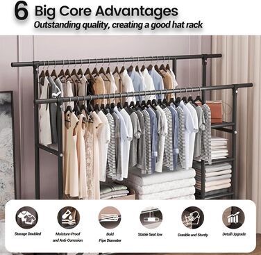 Легкий металевий вішак для одягу на колесах з полицями (білий/чорний)