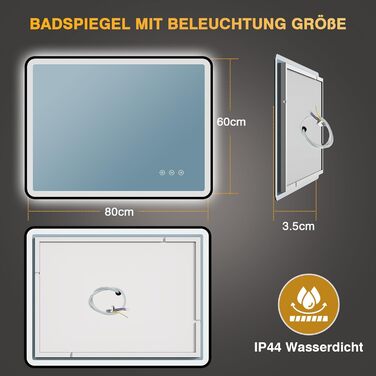 Дзеркало для ванної кімнати з підсвічуванням 80x60 см, 3 кольори, регульована яскравість, антизапар, 3x збільшення, розетка для гоління, IP44, для горизонтального/вертикального монтажу