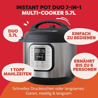 Instant Pot Duo: Мультиварка 7-в-1, 5.7 л, нержавіюча сталь. Мультикухня для приготування супів, рису, йогурту та іншого.