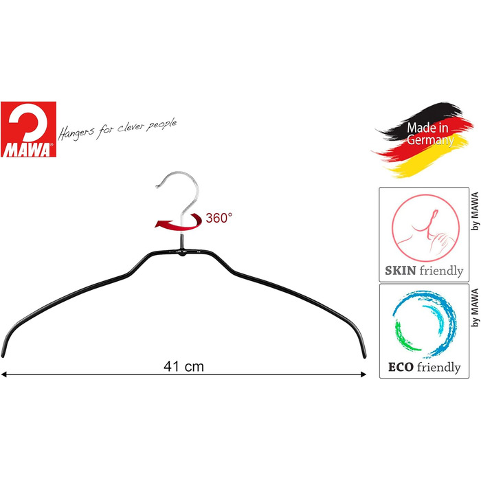 MAWA Clothes Hangers Light, Set of 20 space-saving and non-slip hangers, ideal for shirts and blouses, with 360° rotatable hook and non-slip coating, 42 cm, Black