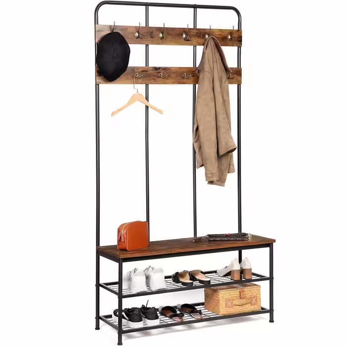HOOBRO Coat Rack, Large Wardrobe with Bench, Shoe Rack with Seating, Clothes Rack with 12 Hooks, Ample Storage Space, for Entryway, Bedroom, Living Room, Dark Brown-Black EBF05MT01