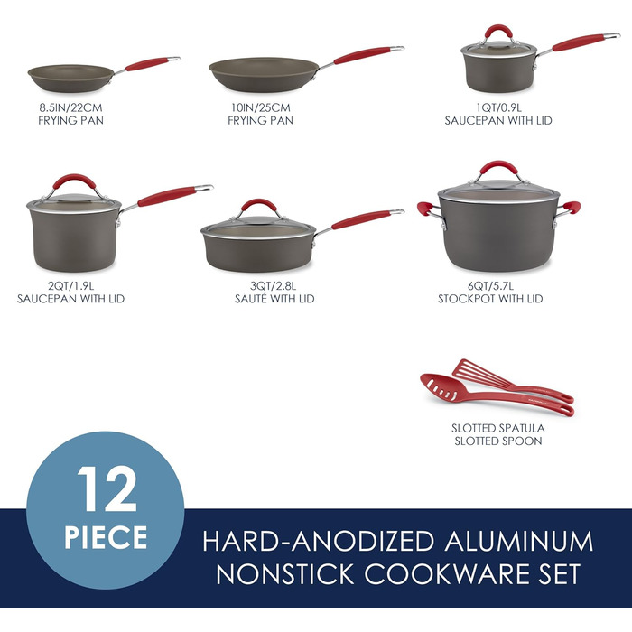 Набір посуду Rachael Ray Cucina, 12 предметів, з антипригарним покриттям, сірий з помаранчевими ручками