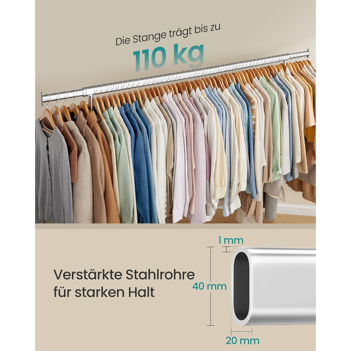 SONGMICS Clothes Rack on Wheels, Coat Rack, Heavy-Duty, Extendable Clothes Rod, Load Capacity up to 110 kg, 45 x (160-200) x 162.9 cm, Metal, Chrome, Silver HSR176E01
