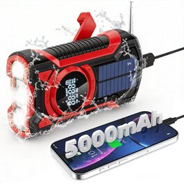 Радіо на сонячній батареї та ручному приводі Gemmac 5000mAh з Bluetooth, USB AM/FM, Power Bank, SOS-сигналом та ліхтариком - для кемпінгу та виживання (Червоне)