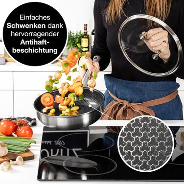 Сковорода Moritz & Moritz антипригарна 28 см індукційна з керамічним покриттям та стільниковою структурою. Сковорода з нержавіючої сталі з високими бортами, підходить для всіх видів плит (з кришкою, Ø 24 см)