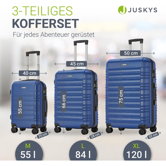 Набір валіз Juskys Hartschale 4 шт. з кодовим замком, тихі колеса 360°, телескопічна ручка, легкі - валізи (Блакитний, 3 шт.)