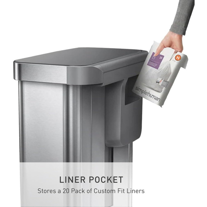 Сміттєвий бак Simplehuman CW2080 45 л з педальним механізмом, з відділенням для пакетів, для кухні, з нержавіючої сталі та сірого пластику