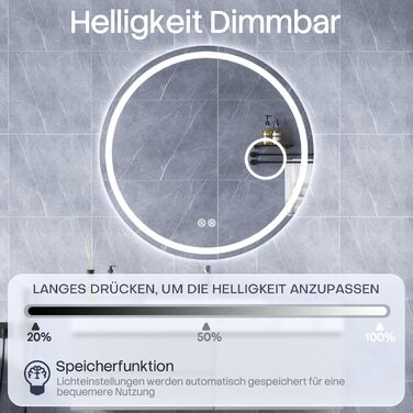 Дзеркало для ванної кімнати HySail з підсвічуванням, 5 мм високоякісне срібне скло, 3 колірні температури та регульована яскравість, настінне дзеркало з сенсорним вимикачем та антизапарюючим покриттям, кругле, 70 x 70 см