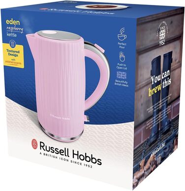 Russell Hobbs Kettle [1.7L 2400W] Eden White, Stainless Steel Accents (removable scale filter, push-button lid opening, water level indicator, illuminated switch, BPA free) Teakettle 27360-70 (Raspberry)
