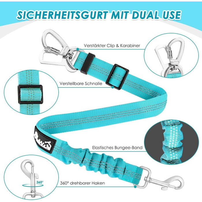 Автогурт для собак у машину, 2 шт. Безпечний ремінь для собак з амортизатором, регульований автогурт з універсальним з'єднувачем, для подорожей, (Світло-блакитний)