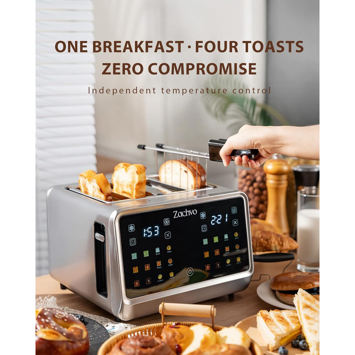 Тостер на 4 шматочки з сенсорним екраном та таймером – нержавіюча сталь, довгі слоти, 2 незалежні зони температури, підставка для бургерів та сендвічів, 6 програм, срібний колір