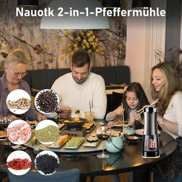 Nauotk 2-in-1 Electric Salt and Pepper Grinder, Battery Powered, Adjustable Coarseness, Automatic Salt and Pepper Grinder with LED, Double Nozzle, One-Hand Operation, Spice Grinder for Kitchen (USB)