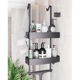 Настінна поличка для душу з захисним склом та гачками, чорна матова - без свердління