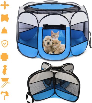 Складаний вольєр для цуценят та тварин, вольєр для собак, 74x74x43 см, вольєр для котів, кроликів та дрібних тварин (блакитний)