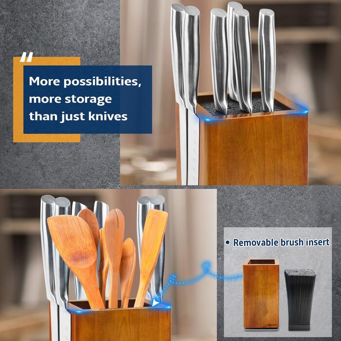 Набір кухонних ножів 6 предметів з дерев'яним блоком: ніж шеф-кухаря, сантоку, для хліба, фруктів, універсальний, з точилкою