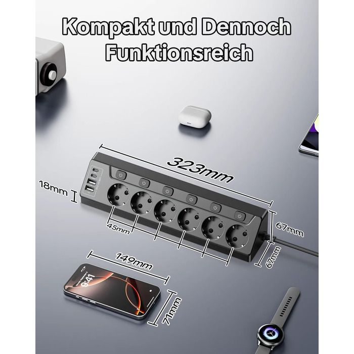 Мережевий фільтр 5-портовий з USB та LED, чорний. Розподільник розеток на стіл, для дому, кухні. Можливість настінного монтажу.