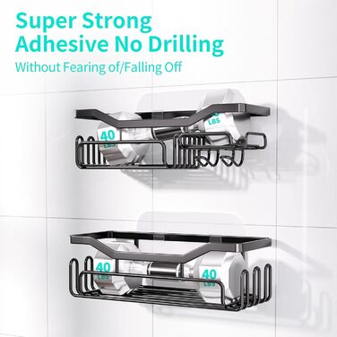 Дзеркальна поличка для душу HapiRm без свердління - органайзер для ванної кімнати та кухні, полиця для душу з 11 гачками, мильниця, тримач для бритви, тримач для шампуню, 3 кріплення, чорний