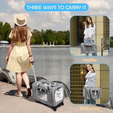 Переноска для тварин ALLSOPETS з колесами для котів та собак, схвалена для авіаперельотів, з висувним ручками, знімними колесами та плечовим ременем, портативна сумка для маленьких тварин (сіра)