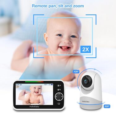 Відеоняня HelloBaby з камерою та аудіо, 5-дюймовий екран, акумулятор 3500 mAh, дистанційне керування, двосторонній зв'язок, ECO-режим, авто-нічне бачення, радіус дії до 292 м, HB6250