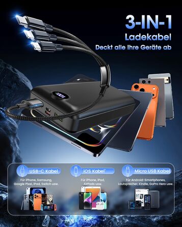 Power Bank 50000mAh з 3 кабелями, швидка зарядка 22.5W, USB-C, LED дисплей, сумісний з iPhone, iPad, Android - Чорний