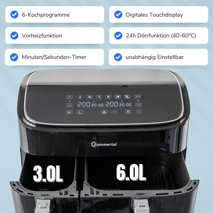 Фритюрниця повітряна Sommertal HF760-7,6L XXL з сенсорним екраном, 8 програм, 2000 Вт - енергоефективна та здорова, велика фритюрниця Air Fryer (9.0L Dual)